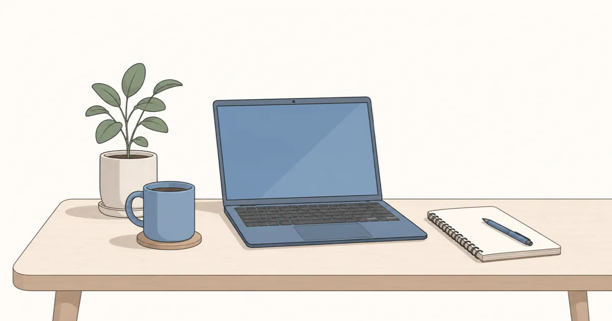 ノートPC・ノート・マグカップ・観葉植物が並ぶ集中できる在宅ワーク環境