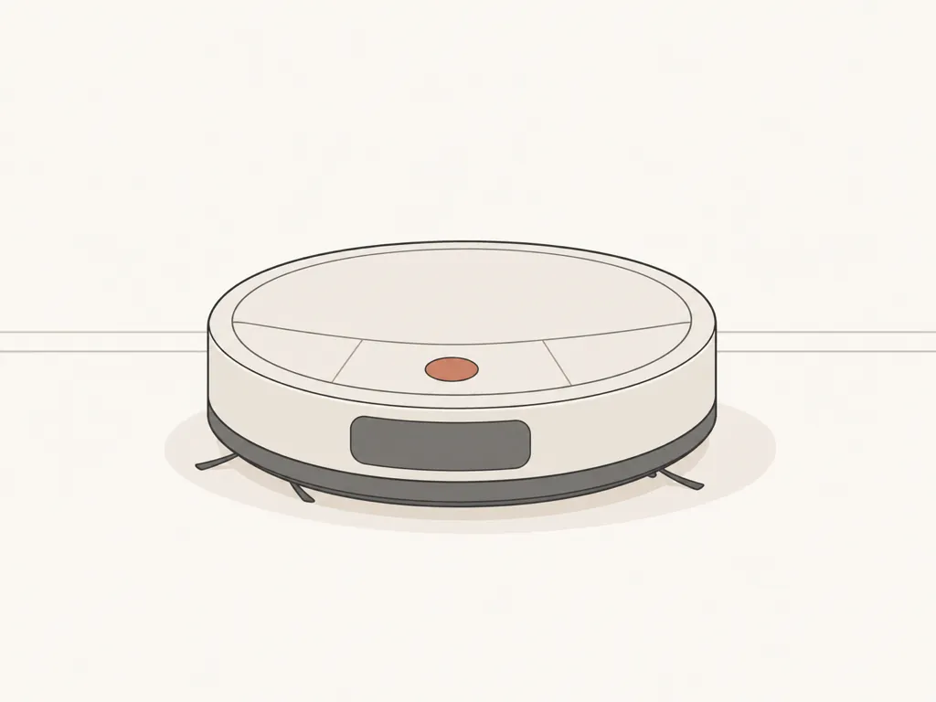 床を自動で掃除する円形のロボット掃除機がフローリングの上を動くイメージ