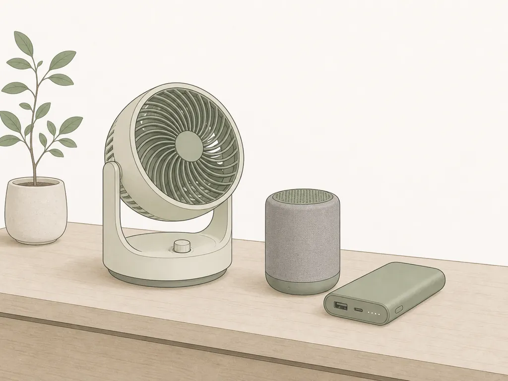 サーキュレーター・Bluetoothスピーカー・モバイルバッテリーが並ぶ快適アイテム